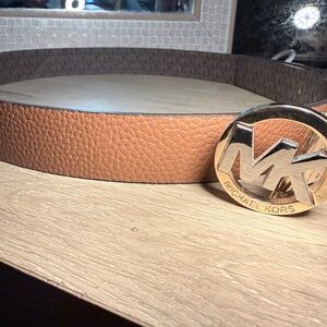 Michael Kors Tan Leather Belt with Gold MK Buckle